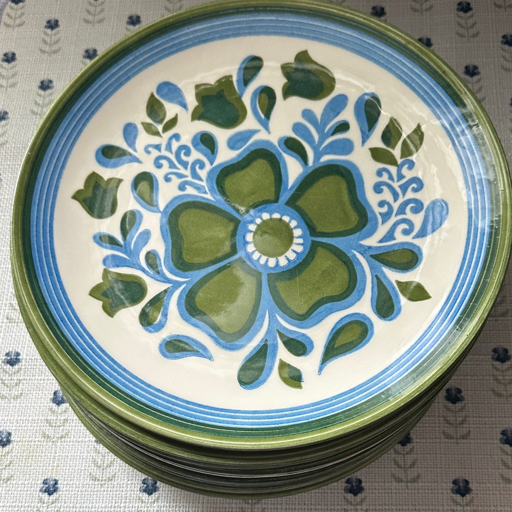 Set of 8 Vintage Royal-Ironstone floral dinner plates with green and blue.